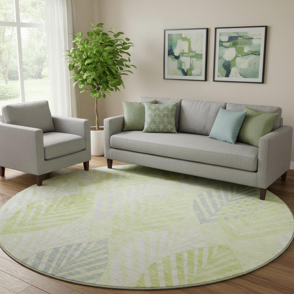 HomeRoots 8' Washable Round Rug in Artichoke Green, Ivory & Beige - Durable Floral Design with UV Protection 662684