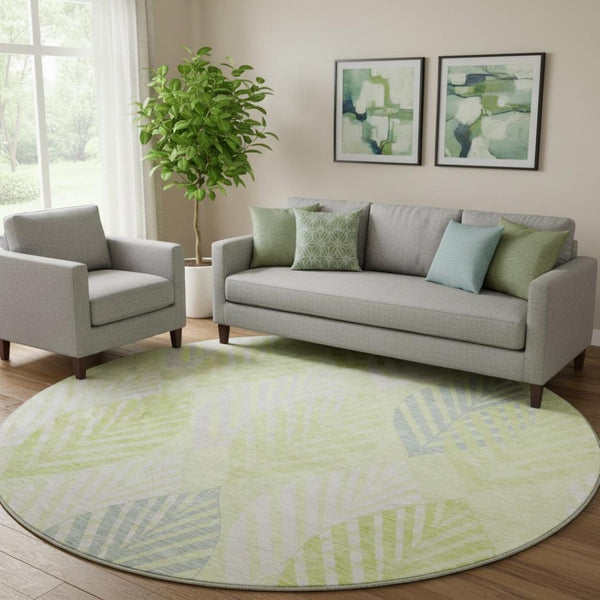 HomeRoots 8' Washable Round Rug in Artichoke Green, Ivory & Beige - Durable Floral Design with UV Protection 662684
