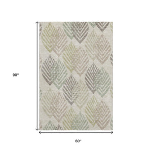 HomeRoots 5' X 8' Beige, Taupe & Green Floral Washable Area Rug with Stain Resistance and UV Protection 662689