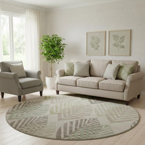 HomeRoots 8' Washable Round Rug in Beige, Taupe & Green Floral Design with UV Protection for High-Traffic Areas 662690