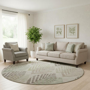 HomeRoots 8' Washable Round Rug in Beige, Taupe & Green Floral Design with UV Protection for High-Traffic Areas 662690