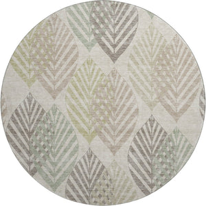 HomeRoots 8' Washable Round Rug in Beige, Taupe & Green Floral Design with UV Protection for High-Traffic Areas 662690