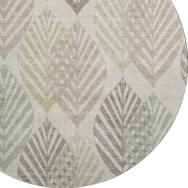 HomeRoots 8' Washable Round Rug in Beige, Taupe & Green Floral Design with UV Protection for High-Traffic Areas 662690