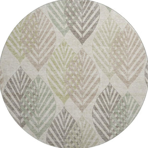 HomeRoots 8' Washable Round Rug in Beige, Taupe & Green Floral Design with UV Protection for High-Traffic Areas 662690
