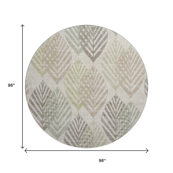 HomeRoots 8' Washable Round Rug in Beige, Taupe & Green Floral Design with UV Protection for High-Traffic Areas 662690