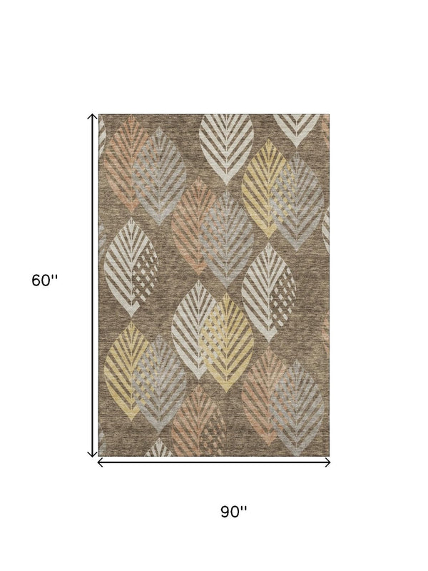 HomeRoots 5' X 8' Floral Area Rug in Chocolate, Gold & Copper - Washable, UV-Protected, Kid & Pet Friendly! 662701