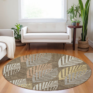 HomeRoots 8' Chocolate Floral Area Rug with Gold & Copper Tones – Washable, UV Protected, Stain Resistant! 662702