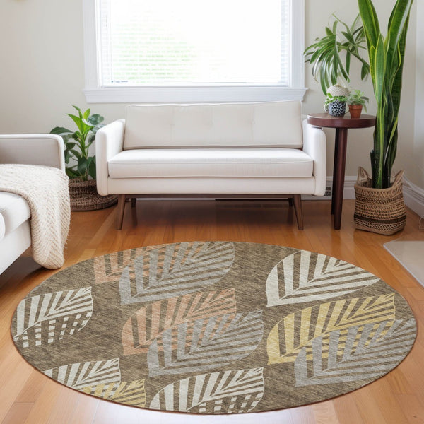 HomeRoots 8' Chocolate Floral Area Rug with Gold & Copper Tones – Washable, UV Protected, Stain Resistant! 662702