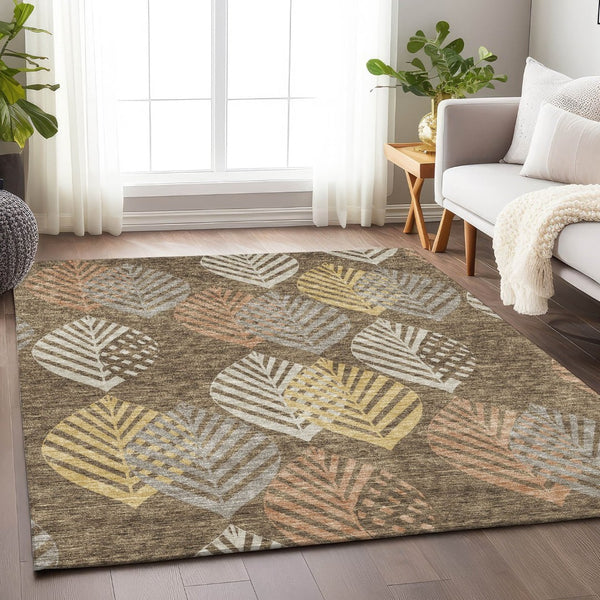 HomeRoots 8' X 10' Floral Washable Area Rug - Chocolate, Gold & Copper with UV Protection for Homes & Pets 662703