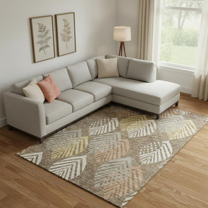 HomeRoots 8' X 10' Floral Washable Area Rug - Chocolate, Gold & Copper with UV Protection for Homes & Pets 662703