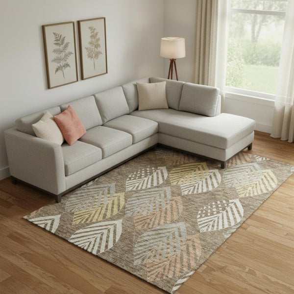 HomeRoots 8' X 10' Floral Washable Area Rug - Chocolate, Gold & Copper with UV Protection for Homes & Pets 662703