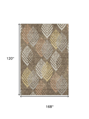 HomeRoots 10' X 14' Floral Area Rug in Chocolate, Gold, and Copper - Durable, Washable, UV-Protected Design 662705