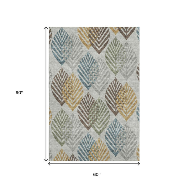 HomeRoots 5' X 8' Elegant Gray Teal & Gold Floral Washable Area Rug - Durable, UV Protected & Stain Resistant! 662707