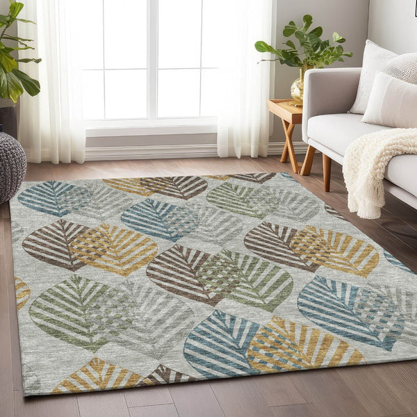 HomeRoots 5' X 8' Elegant Gray Teal & Gold Floral Washable Area Rug - Durable, UV Protected & Stain Resistant! 662707
