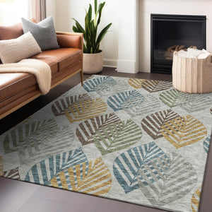 HomeRoots 5' X 8' Elegant Gray Teal & Gold Floral Washable Area Rug - Durable, UV Protected & Stain Resistant! 662707