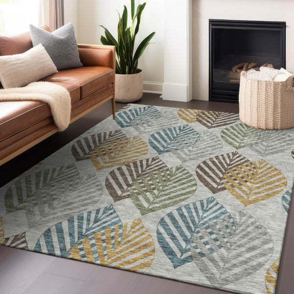 HomeRoots 5' X 8' Elegant Gray Teal & Gold Floral Washable Area Rug - Durable, UV Protected & Stain Resistant! 662707