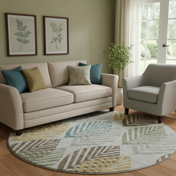 HomeRoots 8' Gray Teal and Gold Floral Round Rug - Washable, UV-Protected, Durable for Stylish Living Spaces! 662708