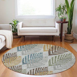 HomeRoots 8' Gray Teal and Gold Floral Round Rug - Washable, UV-Protected, Durable for Stylish Living Spaces! 662708