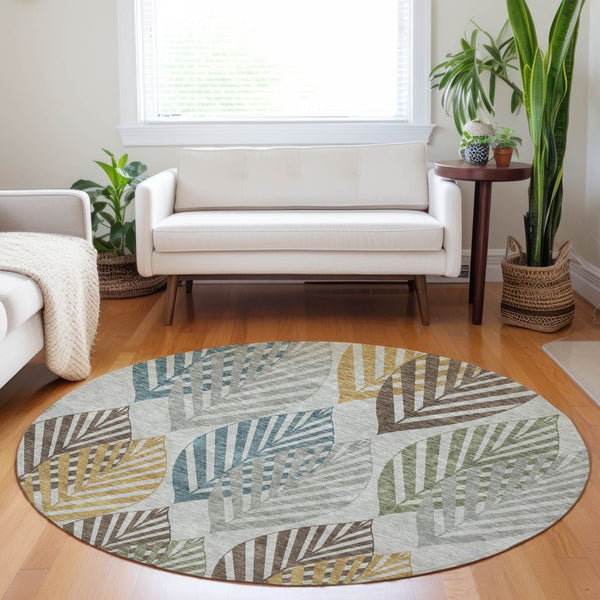 HomeRoots 8' Gray Teal and Gold Floral Round Rug - Washable, UV-Protected, Durable for Stylish Living Spaces! 662708