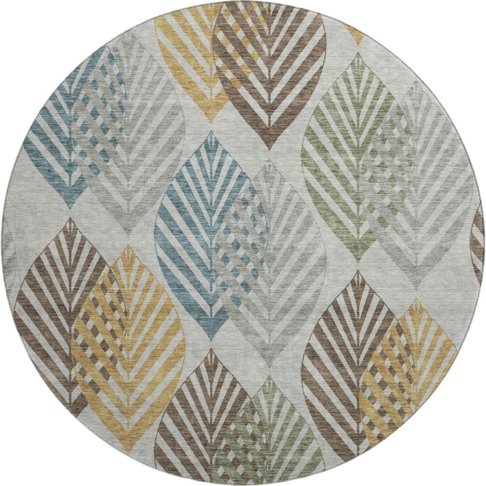 HomeRoots 8' Gray Teal and Gold Floral Round Rug - Washable, UV-Protected, Durable for Stylish Living Spaces! 662708