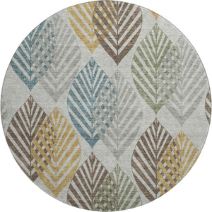 HomeRoots 8' Gray Teal and Gold Floral Round Rug - Washable, UV-Protected, Durable for Stylish Living Spaces! 662708