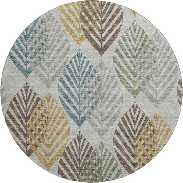 HomeRoots 8' Gray Teal and Gold Floral Round Rug - Washable, UV-Protected, Durable for Stylish Living Spaces! 662708