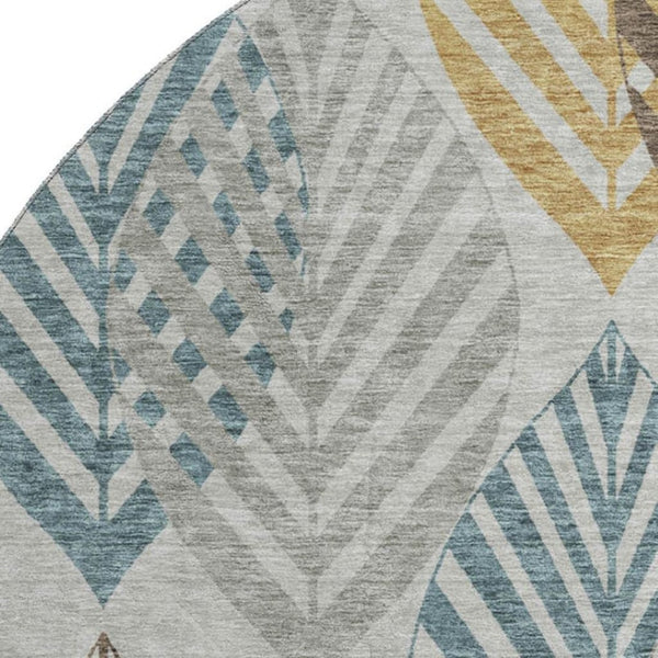 HomeRoots 8' Gray Teal and Gold Floral Round Rug - Washable, UV-Protected, Durable for Stylish Living Spaces! 662708