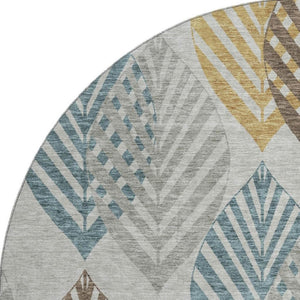 HomeRoots 8' Gray Teal and Gold Floral Round Rug - Washable, UV-Protected, Durable for Stylish Living Spaces! 662708