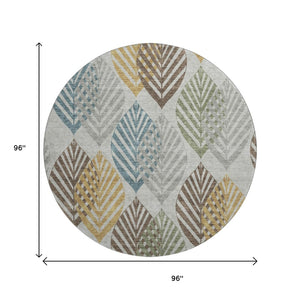 HomeRoots 8' Gray Teal and Gold Floral Round Rug - Washable, UV-Protected, Durable for Stylish Living Spaces! 662708