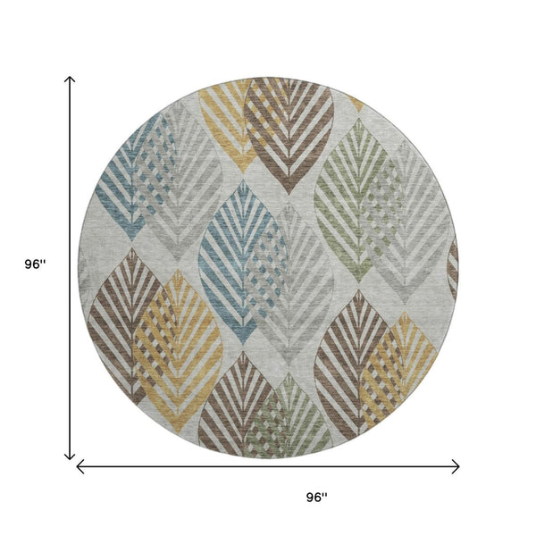 HomeRoots 8' Gray Teal and Gold Floral Round Rug - Washable, UV-Protected, Durable for Stylish Living Spaces! 662708