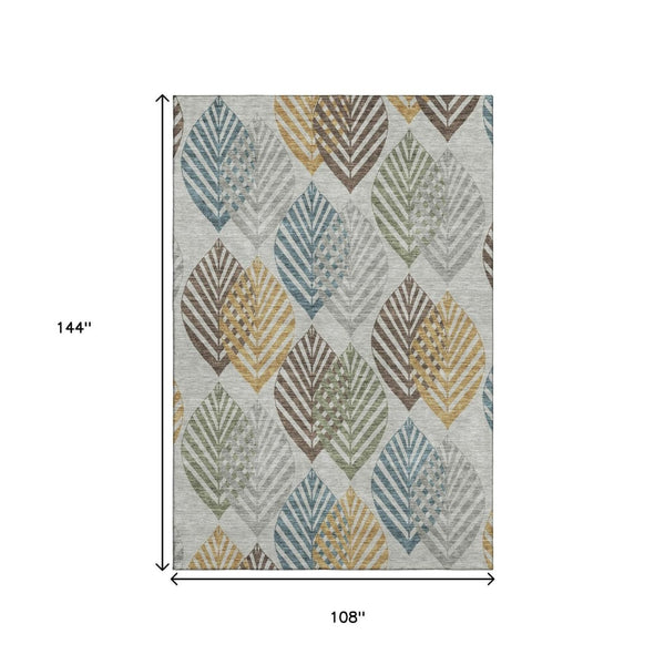 HomeRoots 9' X 12' Elegant Gray, Teal & Gold Floral Area Rug – Washable, UV-Protected, Stain-Resistant Design 662710