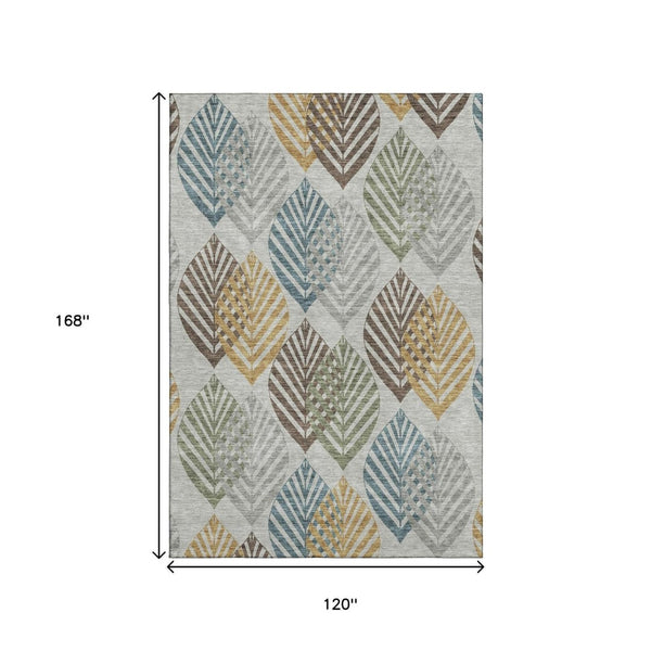 HomeRoots 10' X 14' Stylish Gray Teal Gold Floral Washable Area Rug with UV Protection for High Traffic Spaces 662711