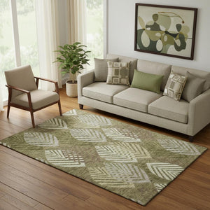 HomeRoots 5' Olive Green, Gray & Gold Floral Washable Area Rug with UV Protection for Stylish, Durable Spaces 662713