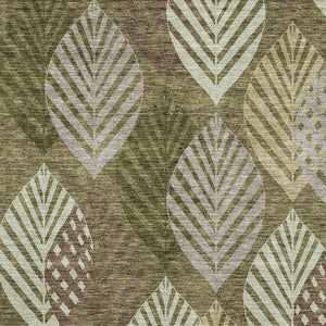 HomeRoots 5' Olive Green, Gray & Gold Floral Washable Area Rug with UV Protection for Stylish, Durable Spaces 662713
