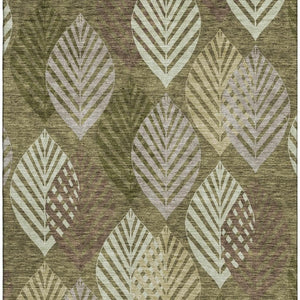 HomeRoots 5' Olive Green, Gray & Gold Floral Washable Area Rug with UV Protection for Stylish, Durable Spaces 662713