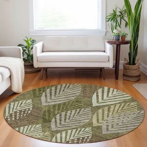 HomeRoots 8' Elegant Olive Green, Gray & Gold Floral Washable Round Rug with UV Protection for Any Room 662714