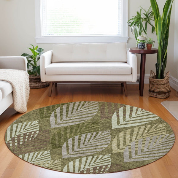 HomeRoots 8' Elegant Olive Green, Gray & Gold Floral Washable Round Rug with UV Protection for Any Room 662714