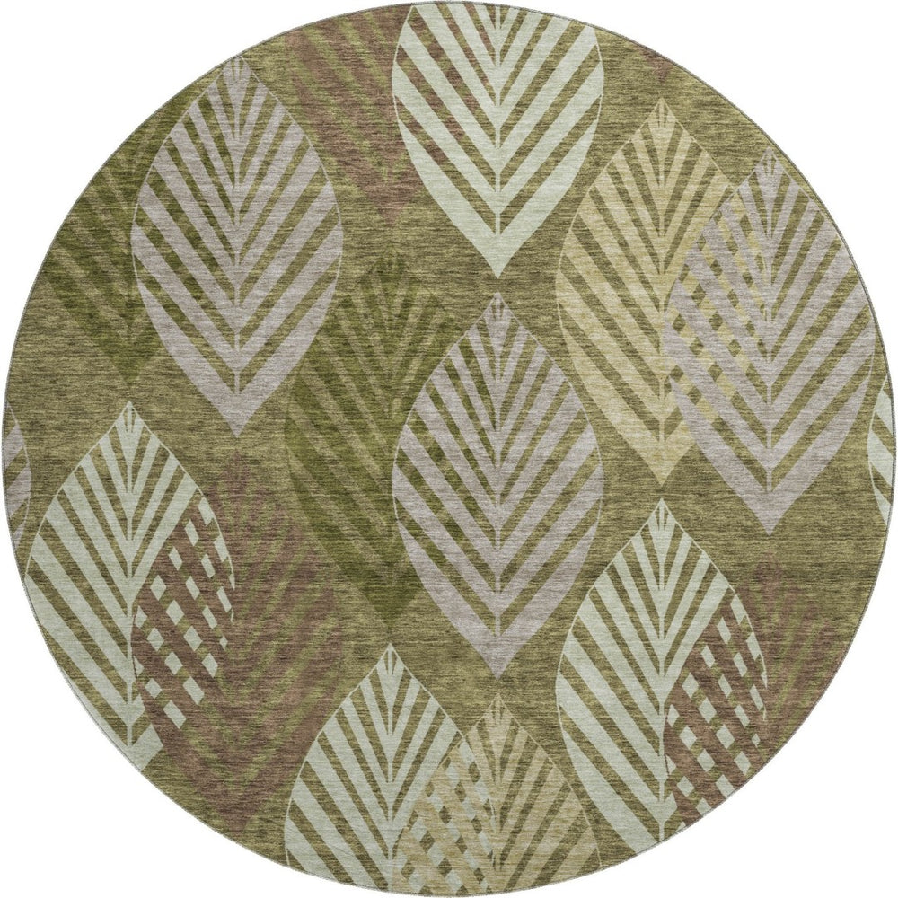 HomeRoots 8' Elegant Olive Green, Gray & Gold Floral Washable Round Rug with UV Protection for Any Room 662714