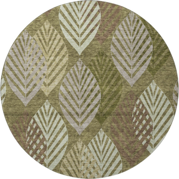 HomeRoots 8' Elegant Olive Green, Gray & Gold Floral Washable Round Rug with UV Protection for Any Room 662714