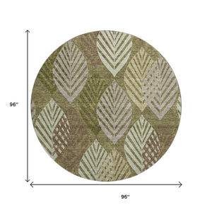 HomeRoots 8' Elegant Olive Green, Gray & Gold Floral Washable Round Rug with UV Protection for Any Room 662714