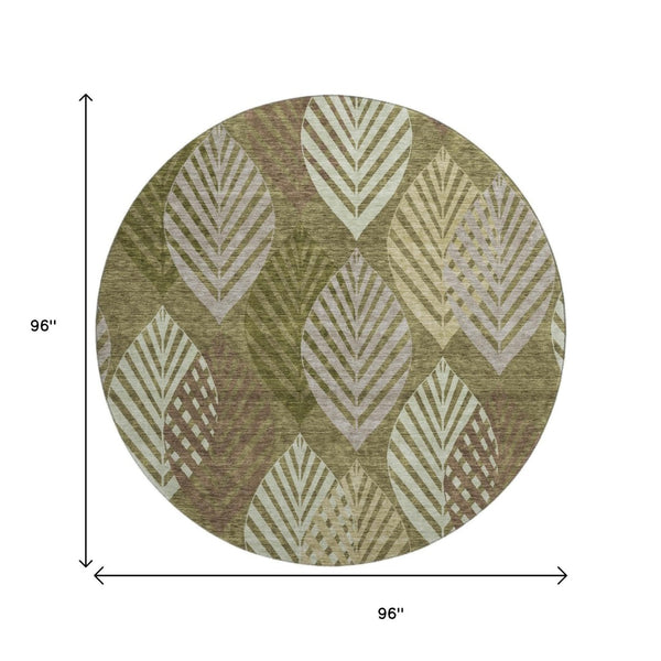 HomeRoots 8' Elegant Olive Green, Gray & Gold Floral Washable Round Rug with UV Protection for Any Room 662714