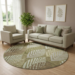 HomeRoots 8' Elegant Olive Green, Gray & Gold Floral Washable Round Rug with UV Protection for Any Room 662714