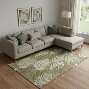 HomeRoots 9' X 12' Elegant Olive Green Gray Gold Floral Washable Area Rug with UV Protection for All Spaces 662716