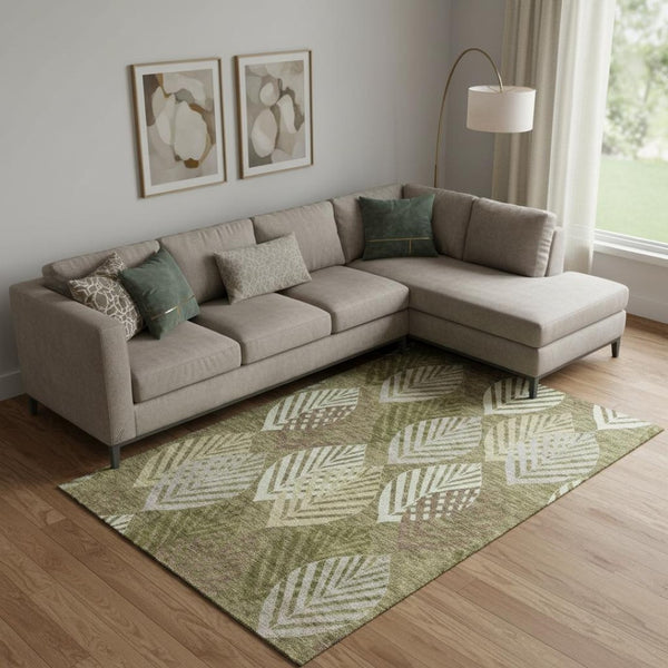 HomeRoots 9' X 12' Elegant Olive Green Gray Gold Floral Washable Area Rug with UV Protection for All Spaces 662716