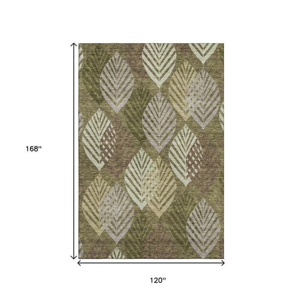 HomeRoots 10' X 14' Olive Green Gray Gold Floral Area Rug - Washable, UV Protected, Durable & Stylish Design 662717