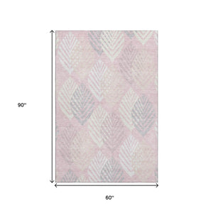 HomeRoots 5' Pink, Ivory & Blue Floral Washable Area Rug - Durable, Stylish & UV Protected for Any Room! 662719