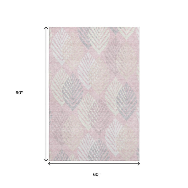 HomeRoots 5' Pink, Ivory & Blue Floral Washable Area Rug - Durable, Stylish & UV Protected for Any Room! 662719