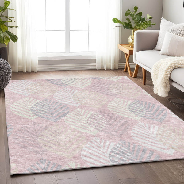 HomeRoots 5' Pink, Ivory & Blue Floral Washable Area Rug - Durable, Stylish & UV Protected for Any Room! 662719