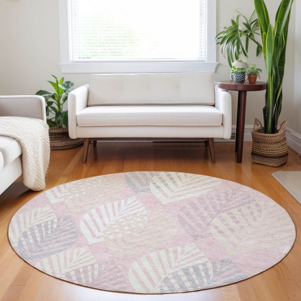 HomeRoots 8' Pink Floral Round Rug – Washable with UV Protection, Stain Resistant for High-Traffic Areas 662720