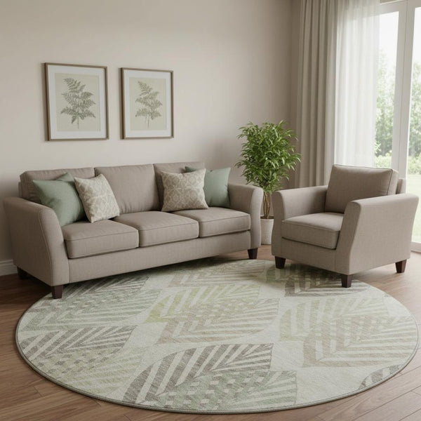 HomeRoots 8' Washable Round Floral Rug in Taupe Brown & Green - UV Protected, Stain Resistant & Durable Design 662738